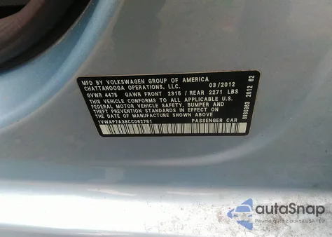 2012 Volkswagen Passat 2.5L S из США, поврежденный, VIN 1VWAP7A38CC062781